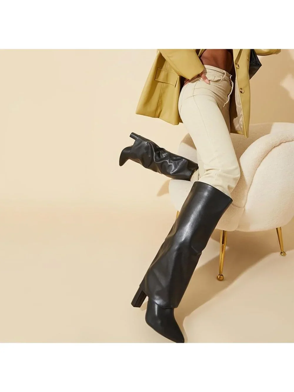 Women's Black Pu Pointed Toe Chunky Heel Faux Leather Over The Knee High Boots